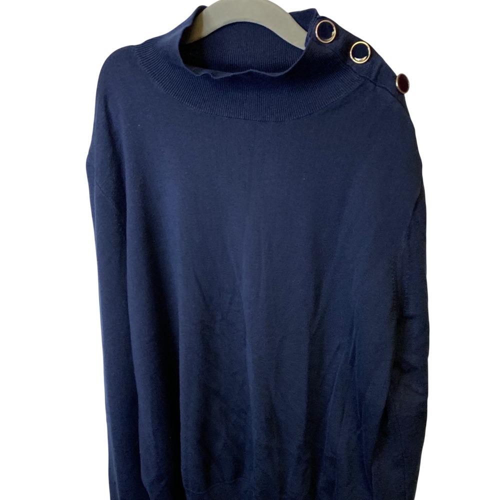 J.Crew Women's Navy Blue Mock Neck Gold Button Shoulder Knit Sweater Medium